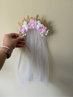 Bridal Floral Headband with Veil - Pink & White